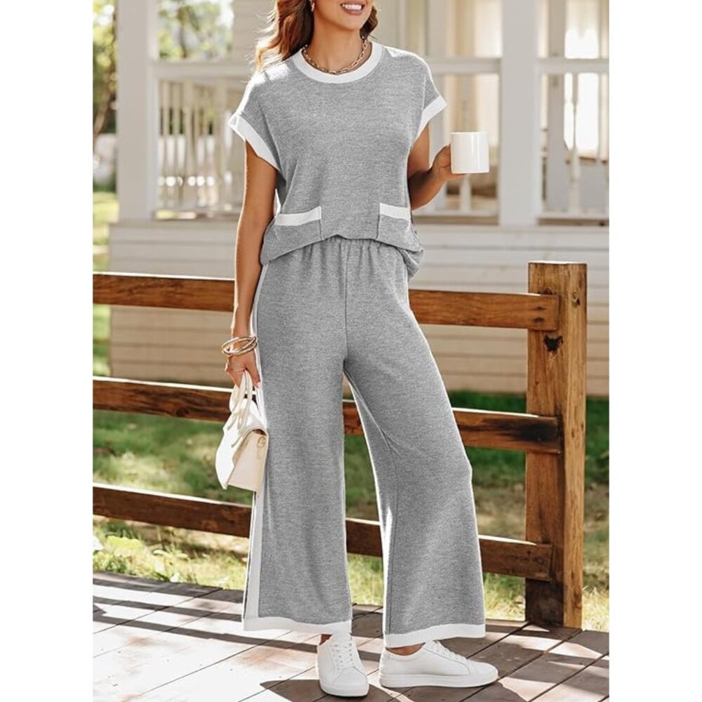 NEW SHEWIN Set - Cap Sleeve Knit Sweater Top with Pocket Wide Leg Pant - Grey